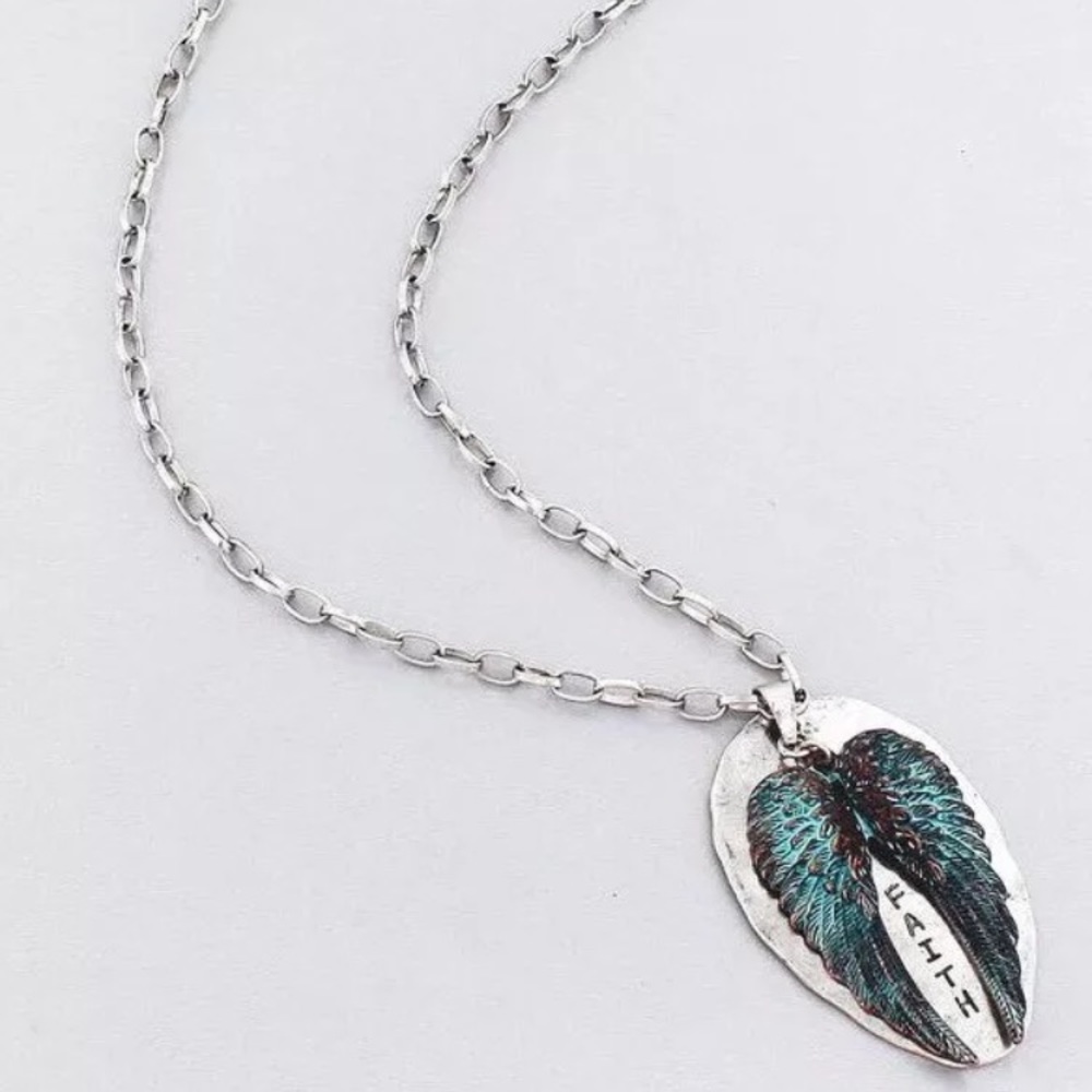 Patina Silvertone Faith Angel Wing Spoon Necklace
